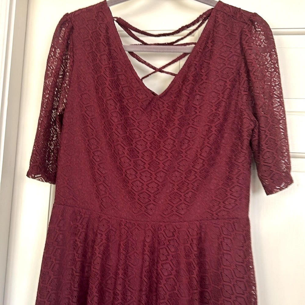 Songwriter Lace Dress Western Boho Burgundy Red Lace Up Mini Dress XL - Picture 2 of 8